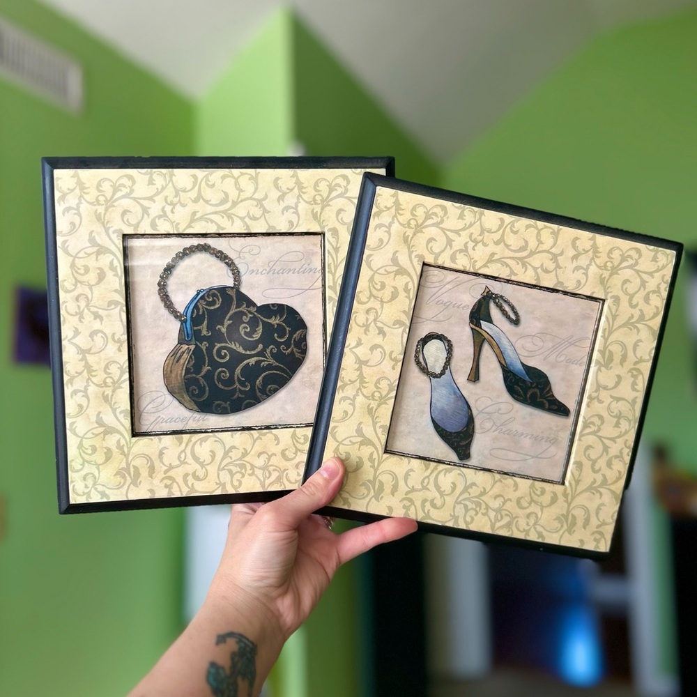 VTG Framed Change Purse & Heels Fashion Chic Dainty Cute Wall Duo Set